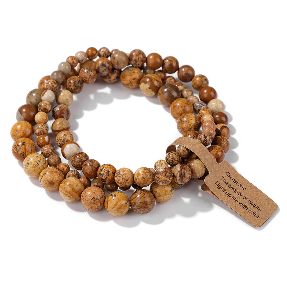 3er-Set Naturstein-Armbänder – Moosachat, Rhodonit & Quarz für Damen & Herren