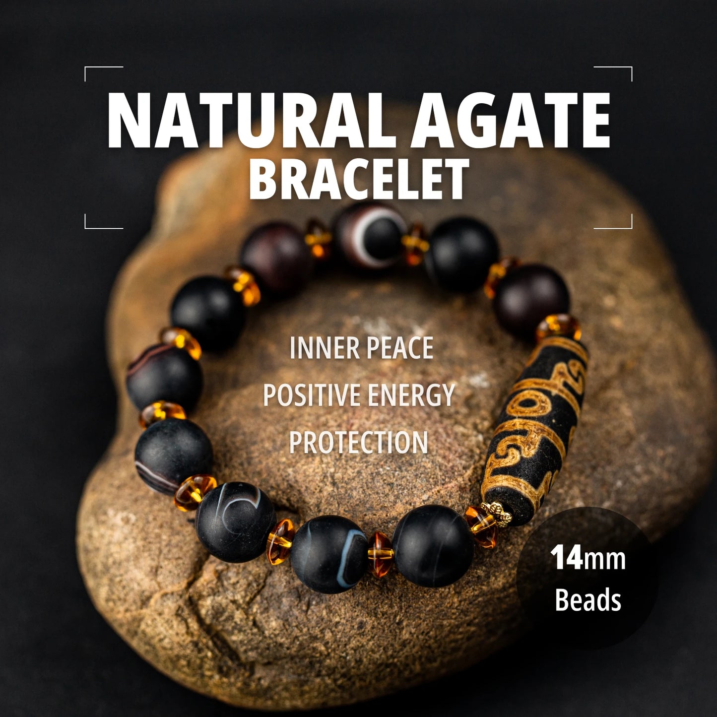 Achat-Armband mit 9-Augen-Dzi – Spirituelles Schutzarmband, 14 mm Naturstein