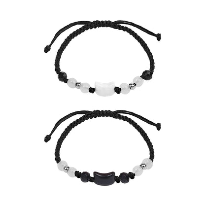 Paar-Armbänder aus Mondstein & Obsidian – Schwarze & Weiße Katzen