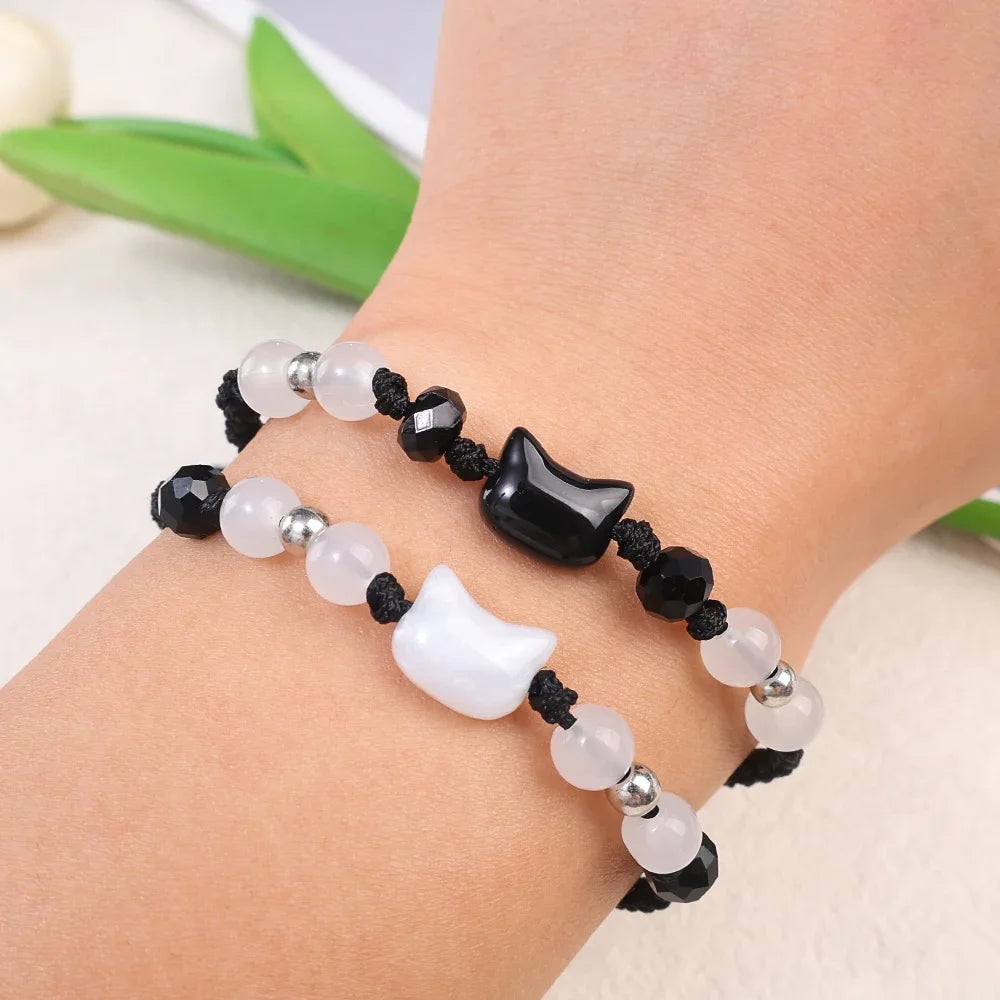 Paar-Armbänder aus Mondstein & Obsidian – Schwarze & Weiße Katzen