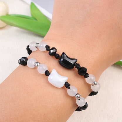 Paar-Armbänder aus Mondstein & Obsidian – Schwarze & Weiße Katzen
