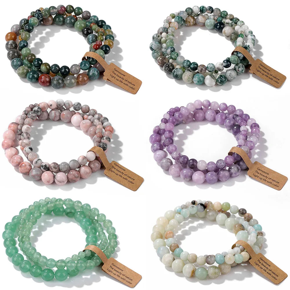 3er-Set Naturstein-Armbänder – Moosachat, Rhodonit & Quarz für Damen & Herren