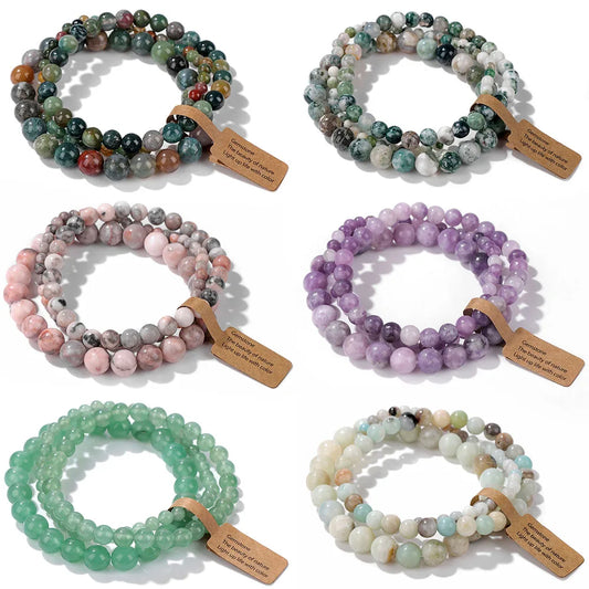 3er-Set Naturstein-Armbänder – Moosachat, Rhodonit & Quarz für Damen & Herren