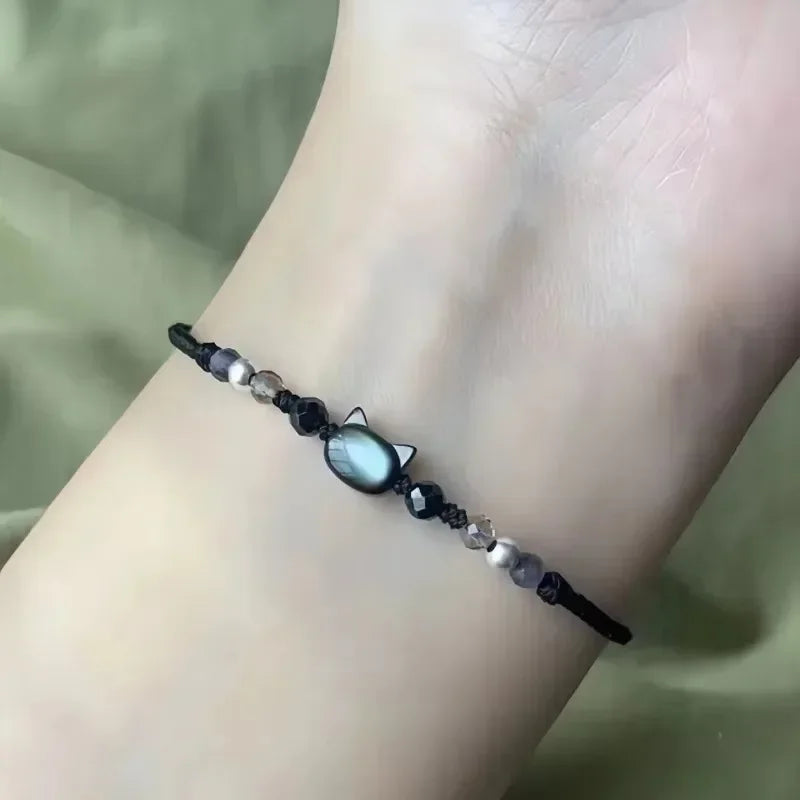 Paar-Armbänder aus Mondstein & Obsidian – Schwarze & Weiße Katzen