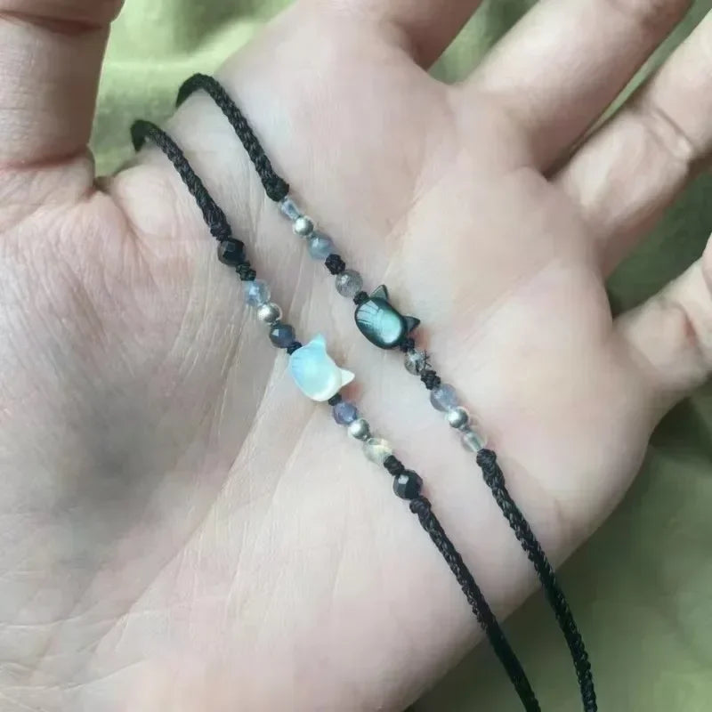 Paar-Armbänder aus Mondstein & Obsidian – Schwarze & Weiße Katzen