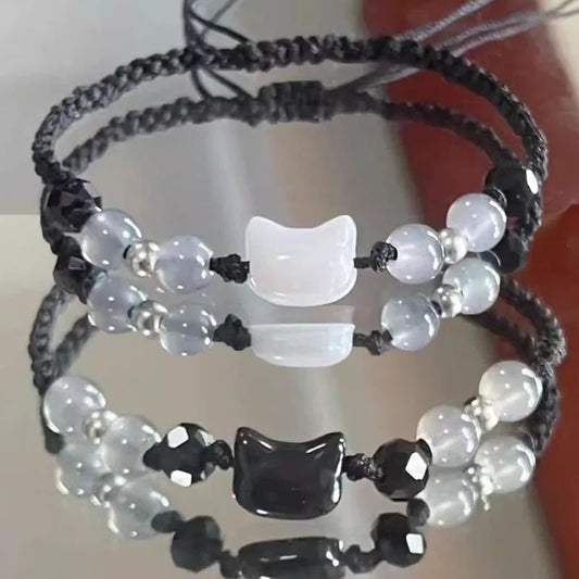 Paar-Armbänder aus Mondstein & Obsidian – Schwarze & Weiße Katzen
