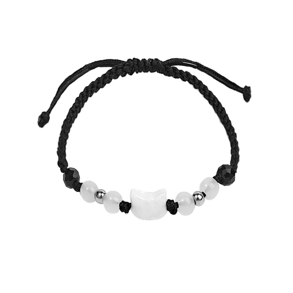 Paar-Armbänder aus Mondstein & Obsidian – Schwarze & Weiße Katzen
